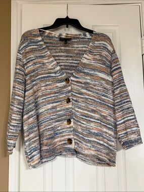 Lane Bryant Striped Button-Front Cardigan in Cream, Tan & Gray